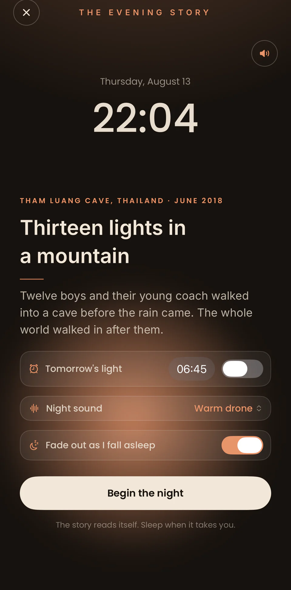 The night desk: tonight's story, the alarm, the night sound.